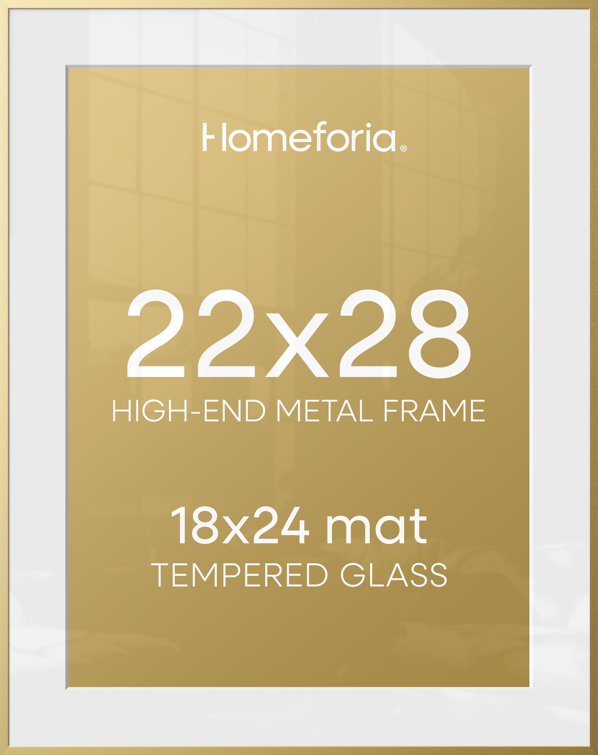 Homeforia 22x28 Picture Frame Gold, High End Metal 22 x 28 Large Poster Frames with Mat 18 by 24 for Photo, 22x28 Gold Frame Matted to 18x24 inch Print, 28x22 Frame, Tempered Glass, Wall Kit, Set of 2