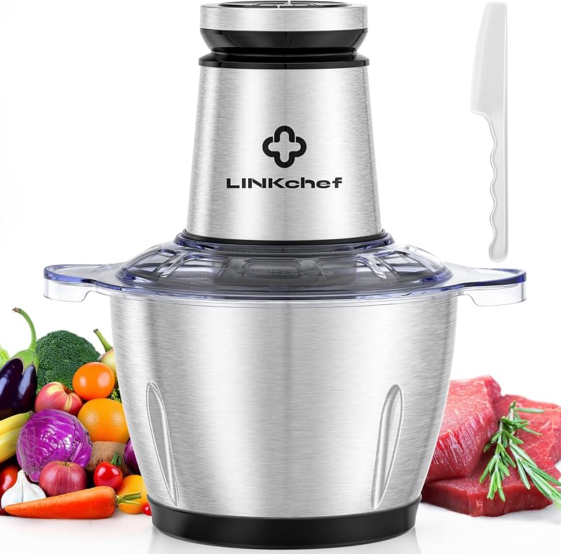 LINKChef Procesador de Alimentos Pequeño, Picador de Alimentos de 10 Tazas con Recipiente, Picadora de Carne Eléctrica de 2,3 L 600 W para Uso Doméstico, Mini Procesador de Alimentos de Acero Inoxidable para Cocina, Verduras, Cebolla, Ajo, Ensalada