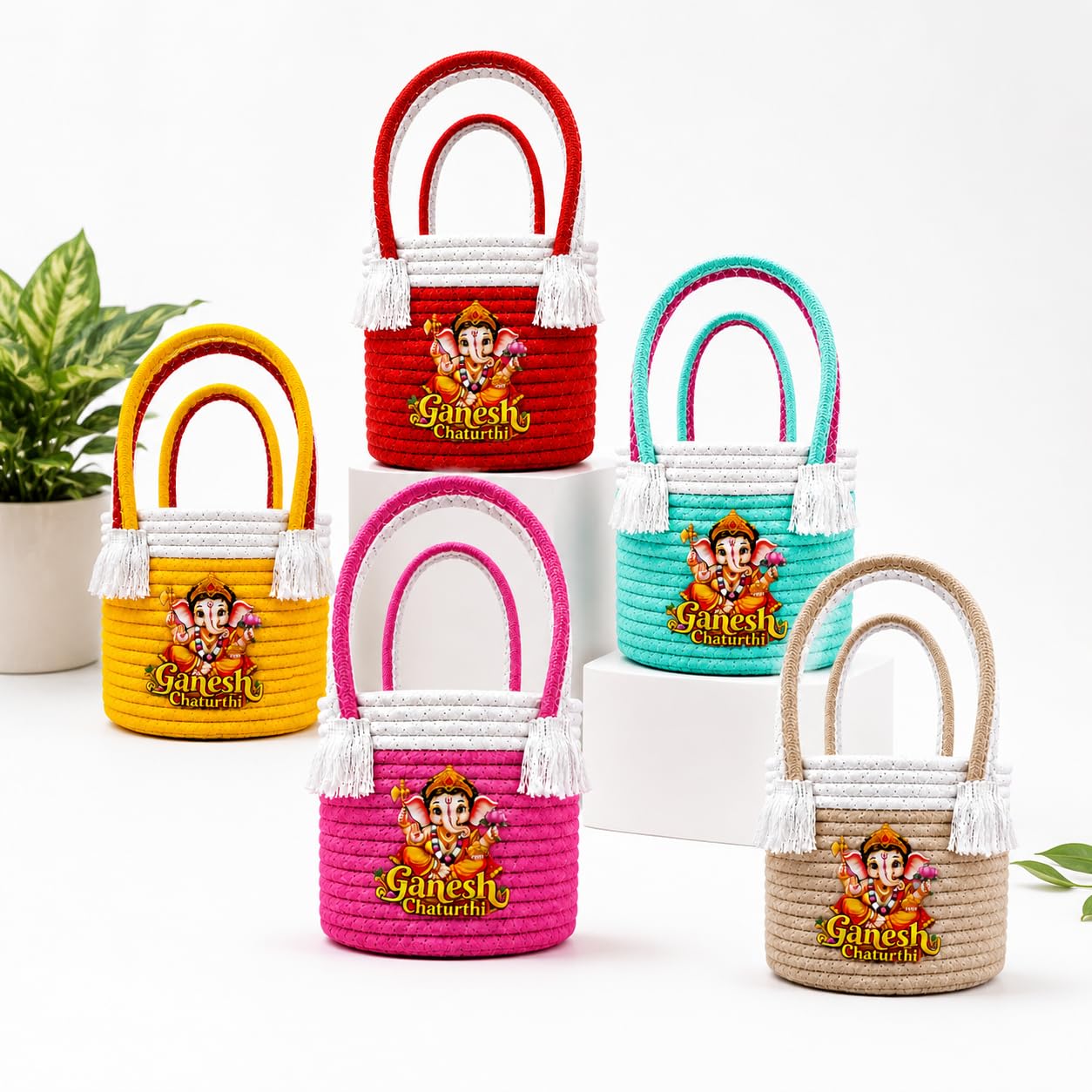 Ganesh Chaturthi Decorative Basket Set of 5, Random Color, Handmade Rope Storage Baskets, Ganpati Bappa Morya Design, Puja Room Organizer, Mandir Decor, Prasad Fruit Flower Holder, Festive Gift Hamper