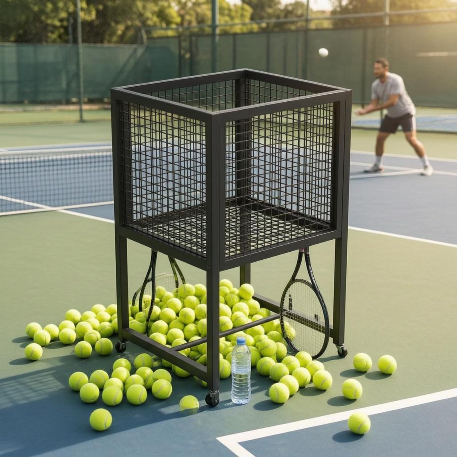 Carrello da Tennis Portatile Porta Palline Tennis con Ruote Cestino Rete Struttura Aperta Compatto 50cm×45cm Adatto per Allenamento in Sportivi Scuole