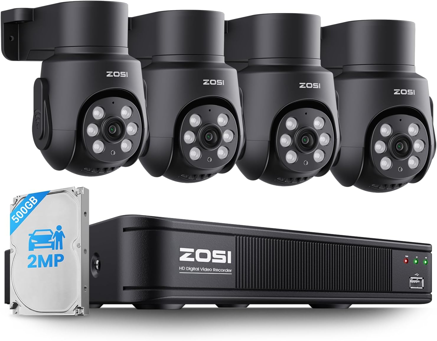 ZOSI 1080P Home Security Camera System Outdoor Indoor, 8CH 5MP-Lite CCTV DVR with AI Human Vehicle Detect, 4 x 1080P Pan Tilt Weatherproof Surveillance Camera, Night Vision, Audio Recording, 500GB HDD