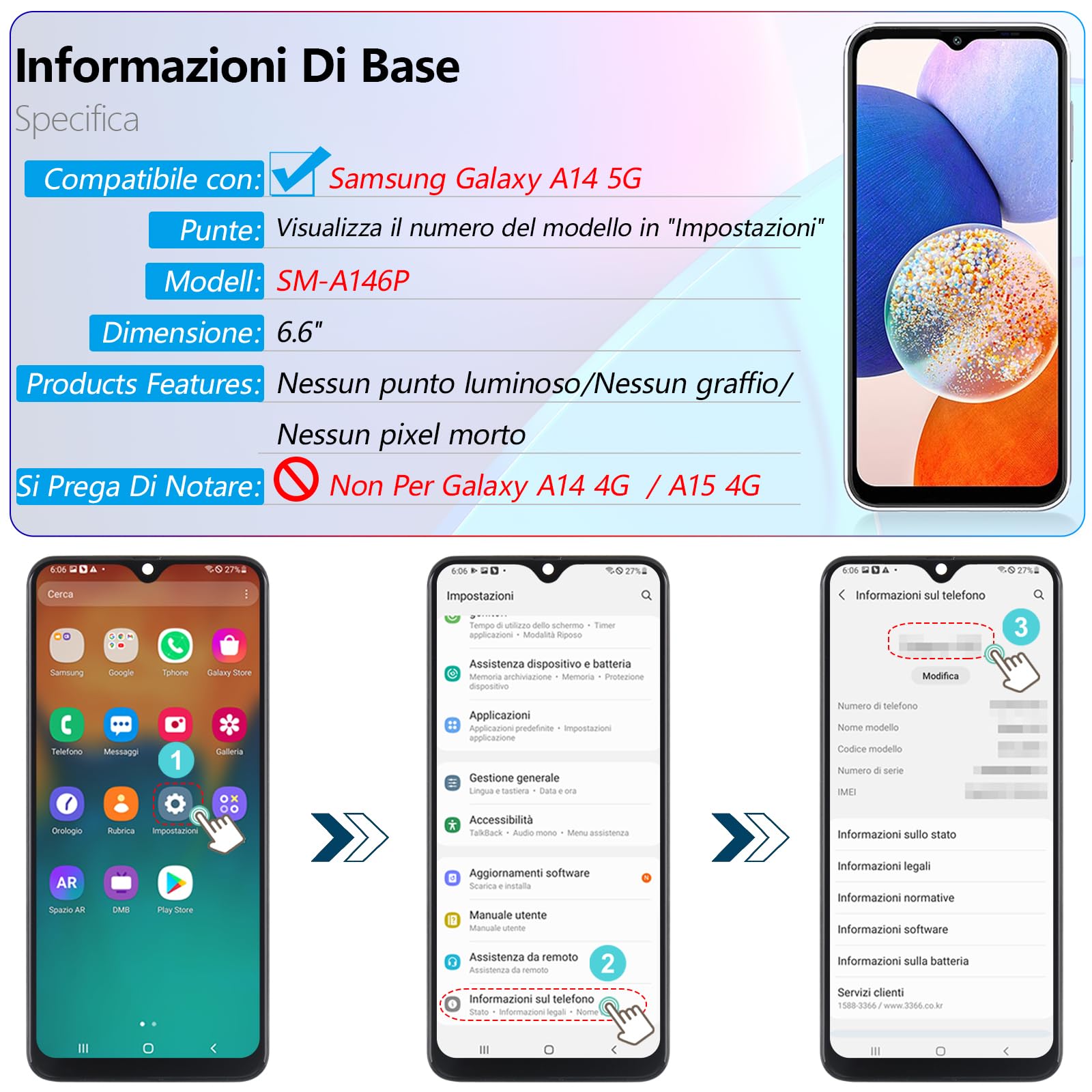 RongZy LCD Schermo per Samsung Galaxy A14 5G di Ricambio Display Touch Screen Digitizer Parti di Riparazione per Samsung Galaxy A14 5G A146P LCD Display con Strumenti(Nero, 6.6")