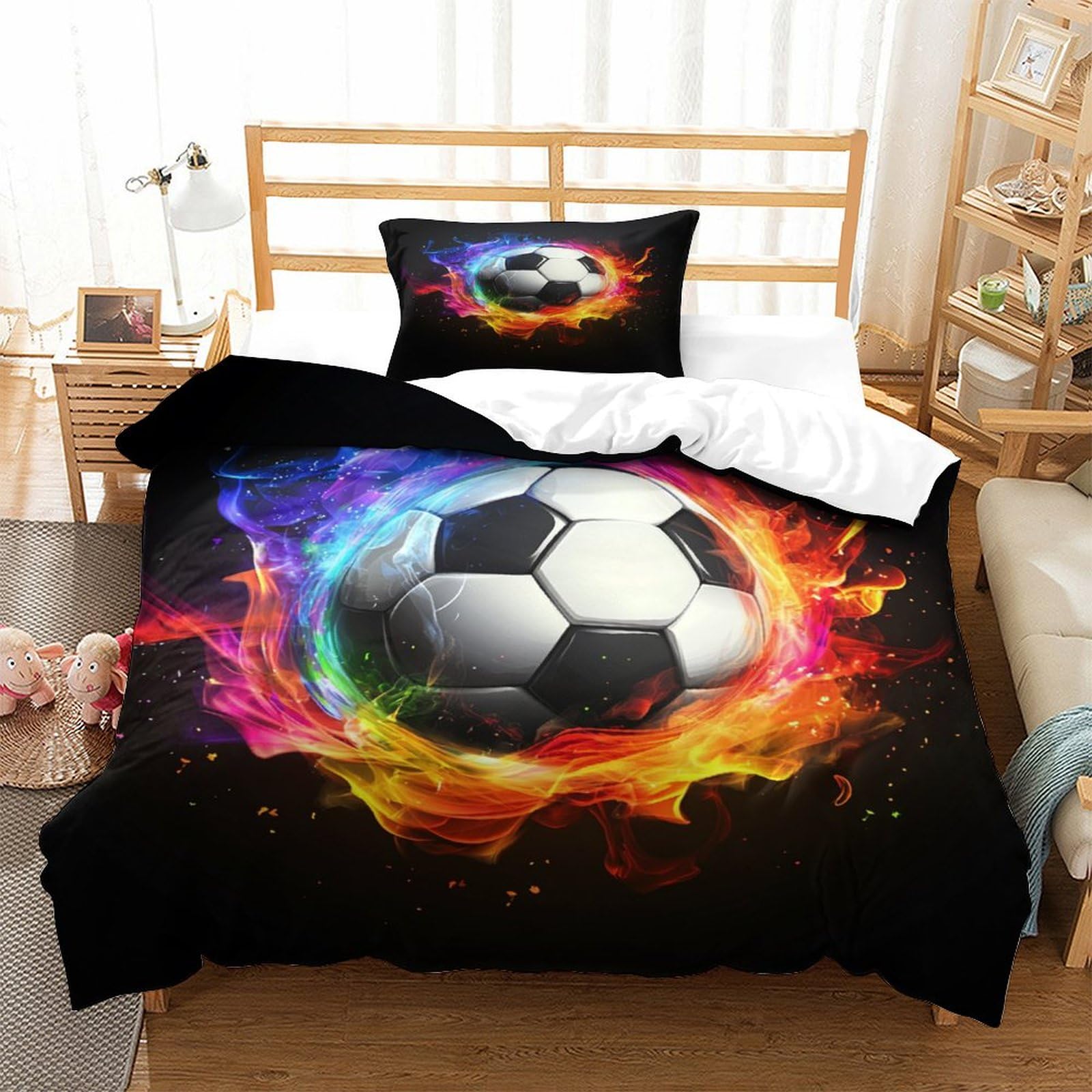 P1s9u7w5y Football-5 Vivid Soccer Ball 3D Printed Duvet Cover Set 3Pcs Microfiber Sports Football Bedding Set Single（135X200cm）