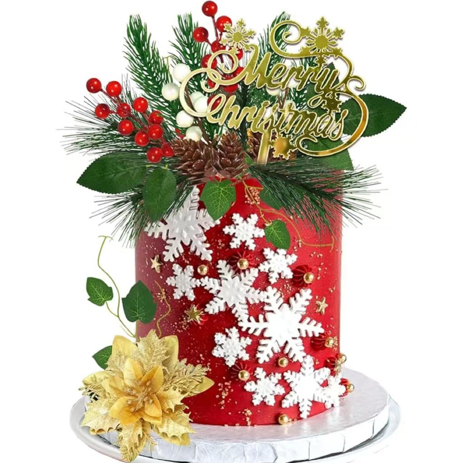 FOSDICK Christmas Cake Decorations, Xmas Cake Decorations, Merry Christmas Cake Toppers, Xmas Cakes Ornaments Gold Artificial Flowers Fake Leaves Artificial Berries Pine Cones for Party Family Dinners