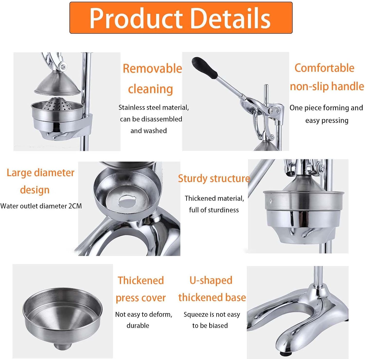 Professional Citrus Juicer, Commercial Manual Hand Press Juicer Squeezer Household Stainless Steel Orange Squeezer for Lemon Lime Pomegranate(