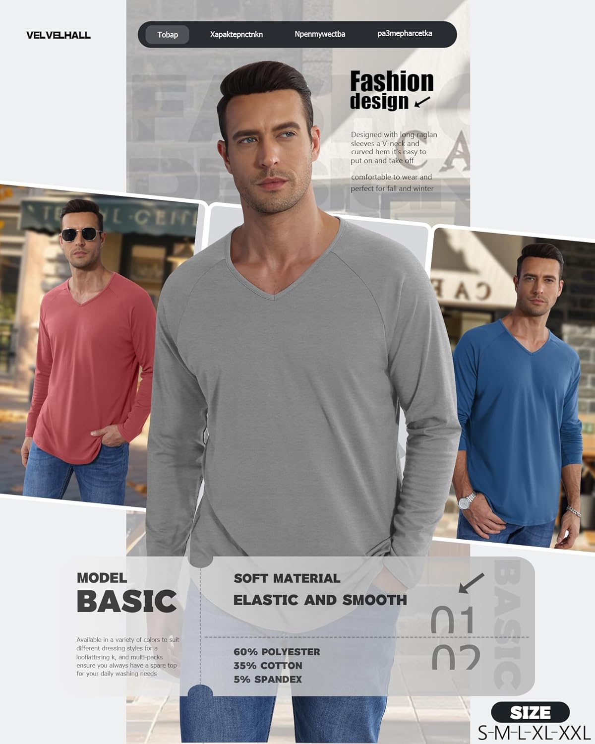 4 Pcs Mens Long Sleeve V Neck Shirts Raglan Sleeve Curved Hem Tees Lightweight Casual Basic Workout T Shirts - Image 2