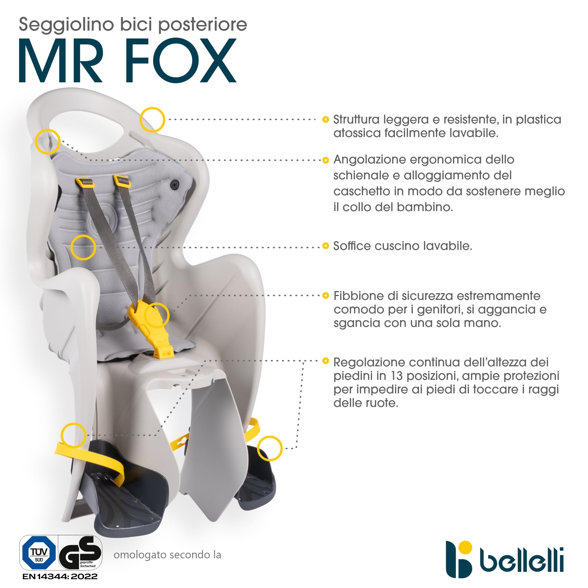 Bellelli | Mr Fox - Seggiolino Posteriore per Bicicletta - per Bambini Fino a 22 kg, da 3 a 8 Anni - Si Fissa al Telaio - Colore Silk Grey