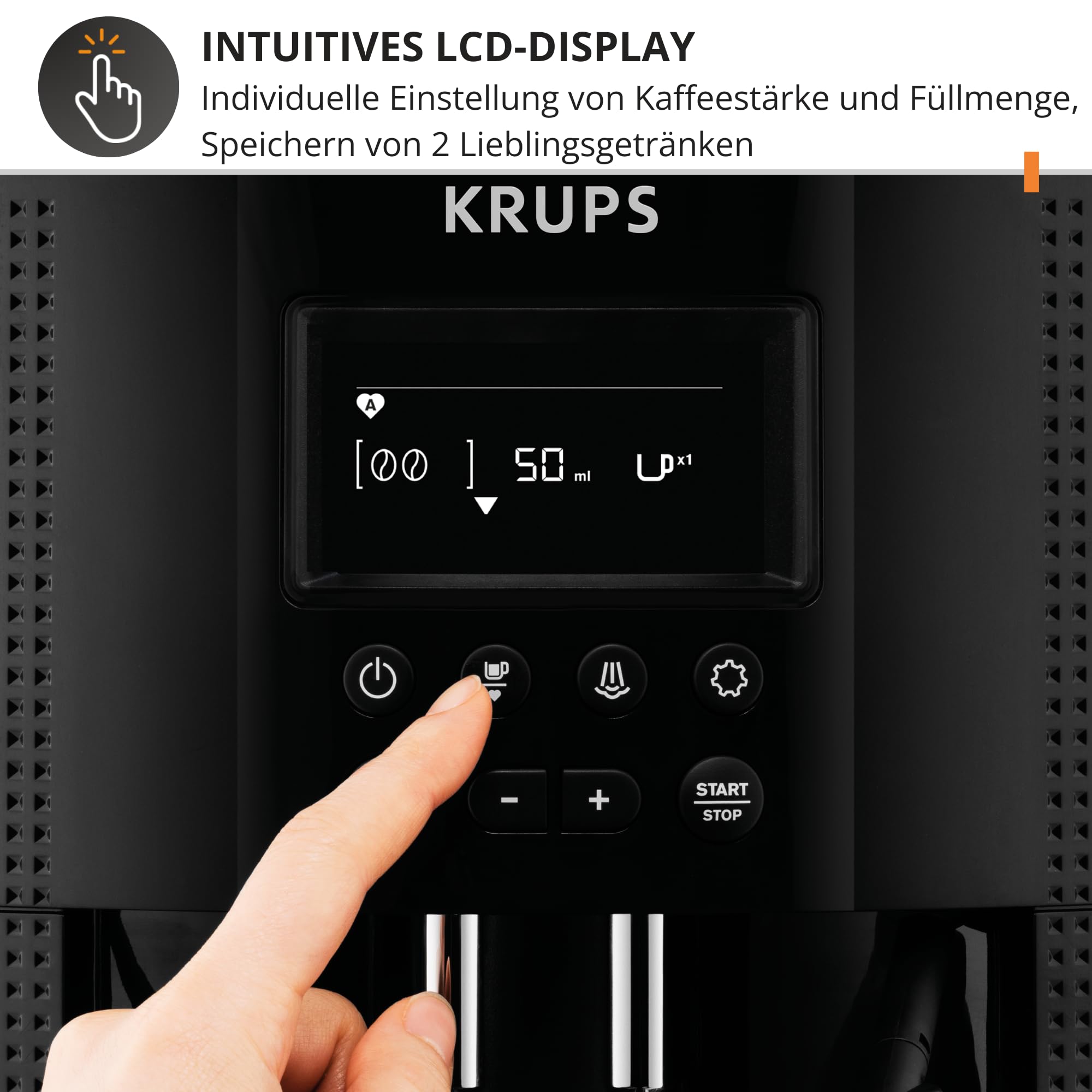 Krups Essential Coffee Machine Macinino, macchina da caffè espresso con display LCD, pulizia automatica, ugello a vapore nero per cappuccino YY8135FD