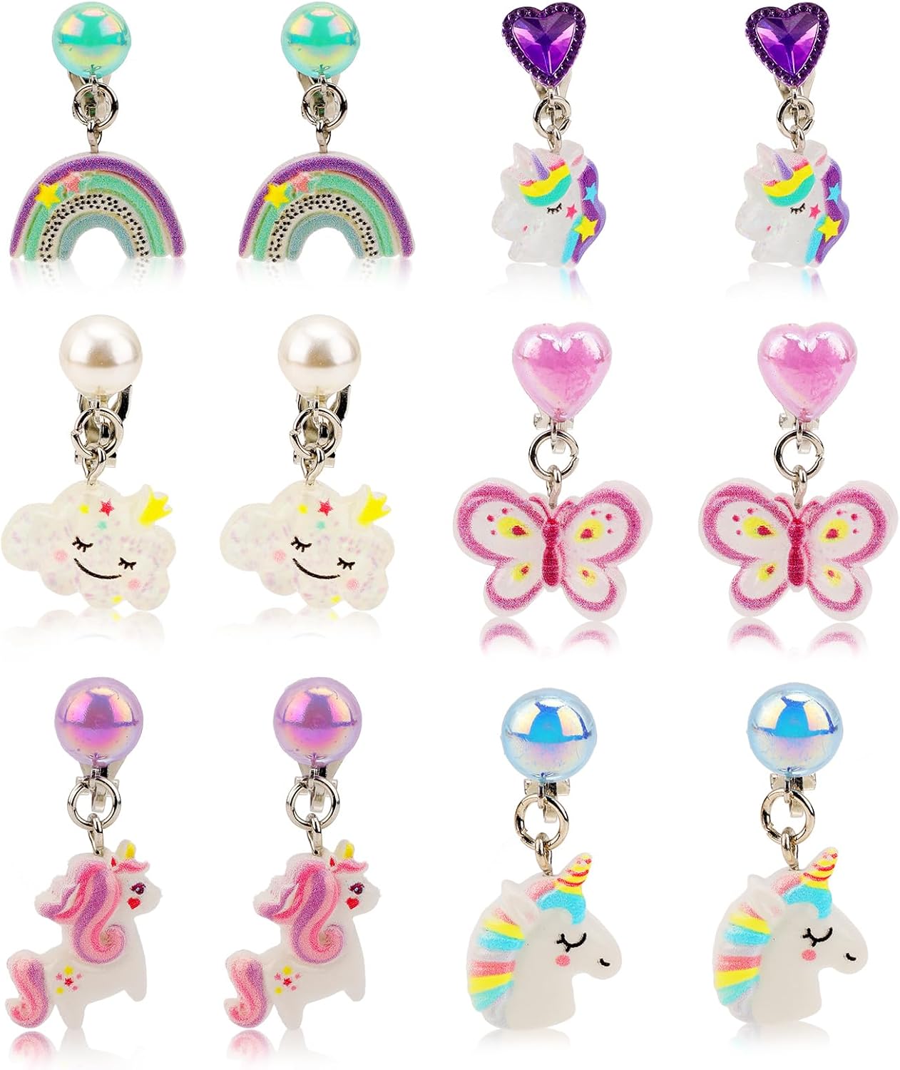 6 Pairs Colorful Clip on Drop Earrings Set, Resin No Pierced Design Kids Child Dangle Earrings Cute Butterfly Ear Clips for Children Toddler Party Daily Wearing Princess Jewelry
