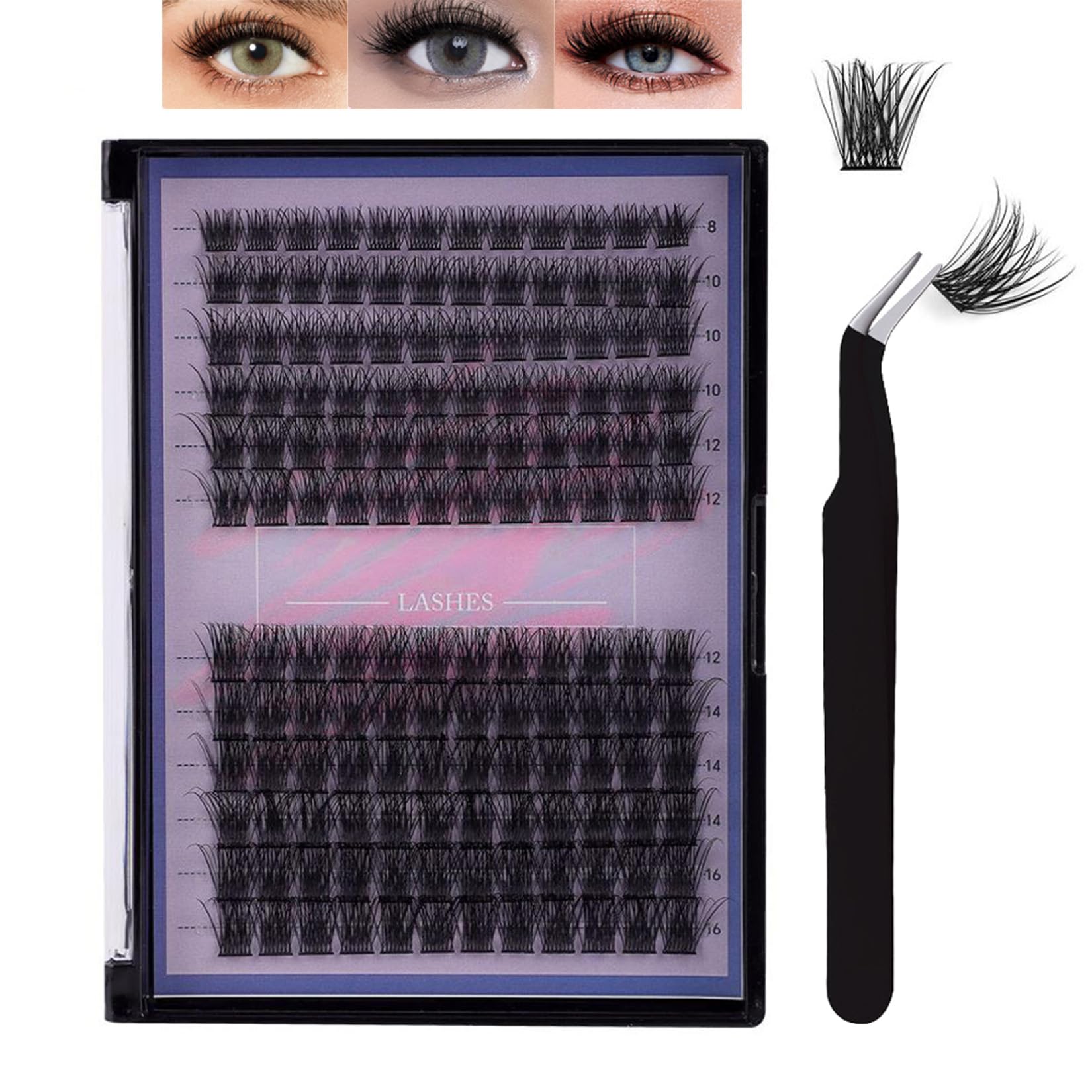 Wispy D Curl Cluster Lashes Extensions 8mm to 16mm, DIY Lash Kit with Professional Tweezers