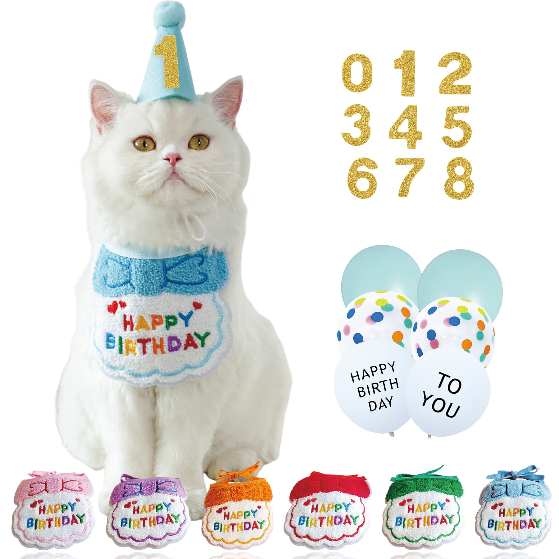 All-in-One Cat Birthday Party Set- Reusable Adjustable Hat & Bandana Decorations with Age Numbers | Complete Kitty Celebration Kit for Memorable Milestones(Blue) — image 1