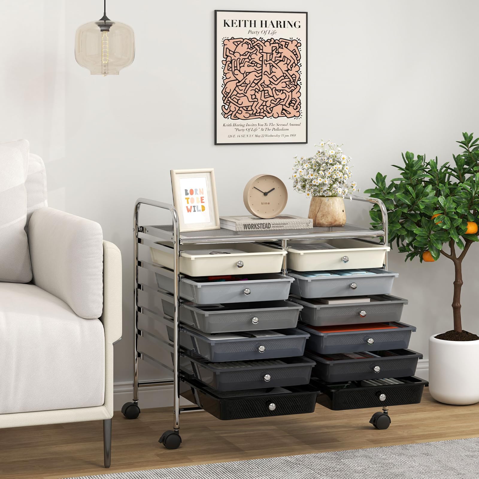 GIANTEX Carrello con 12 cassetti impilabili, carrello per cassetti con ruote e piano di lavoro, carrello per soggiorno, cucina, camera da letto e uffici, 64 x 38 x 62 cm (nero e grigio)