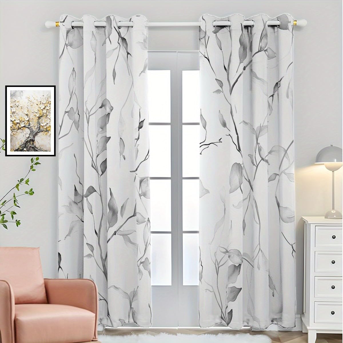 Lot de 2 Rideaux Branches Encre Nouveau Style Chinois 280L X 280H Cm Rideau Occultant Thermiques Isolant Anti, Applicable à Rideaux Chambre Et Salon, Rideau Cuisine, Plantes Noir & Blanc-AB12