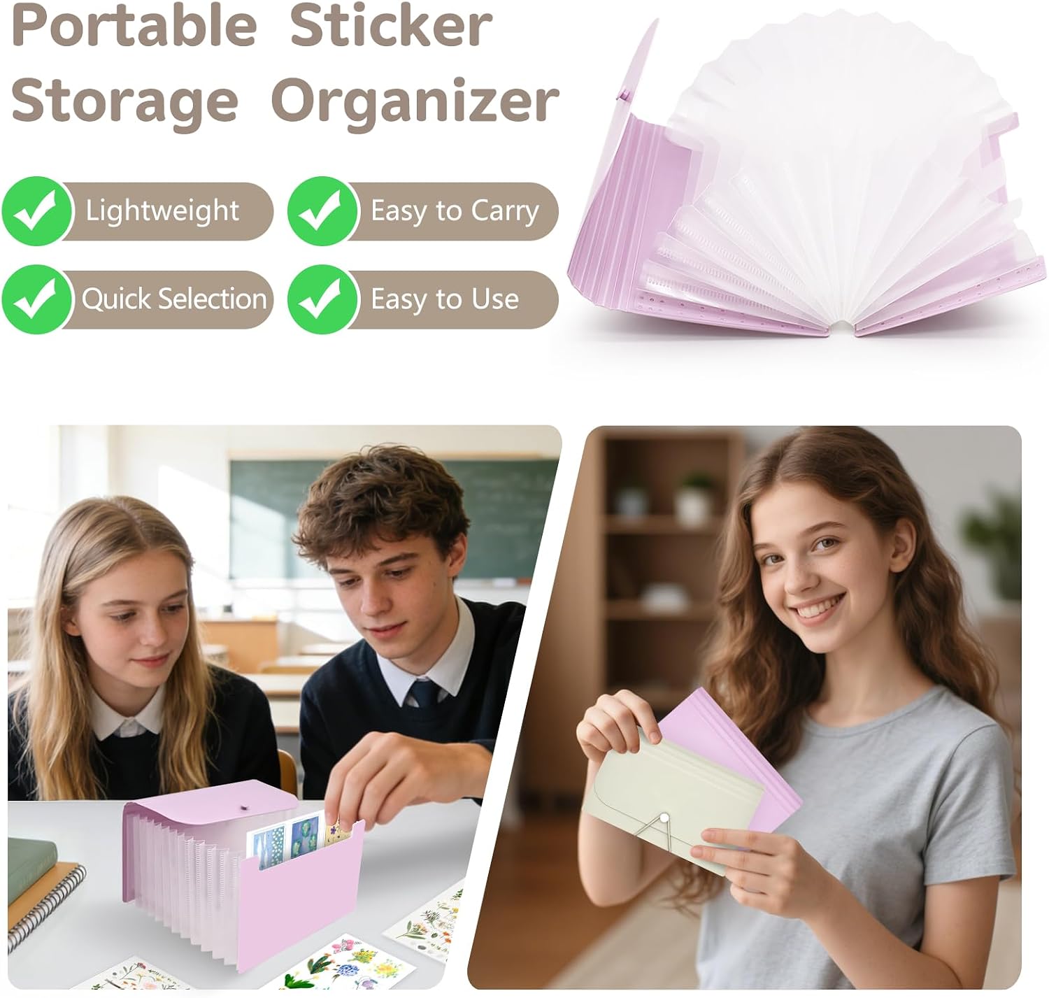 ATCYMI 2 Pack Sticker Storage Organizer Box with 13+13 Expandable Pockets A6 Sticker Collecting Holder Dispaly Case Large Capacity Scrapbook Paper Washi Tape Card Organizer Album (Purple+Beige）