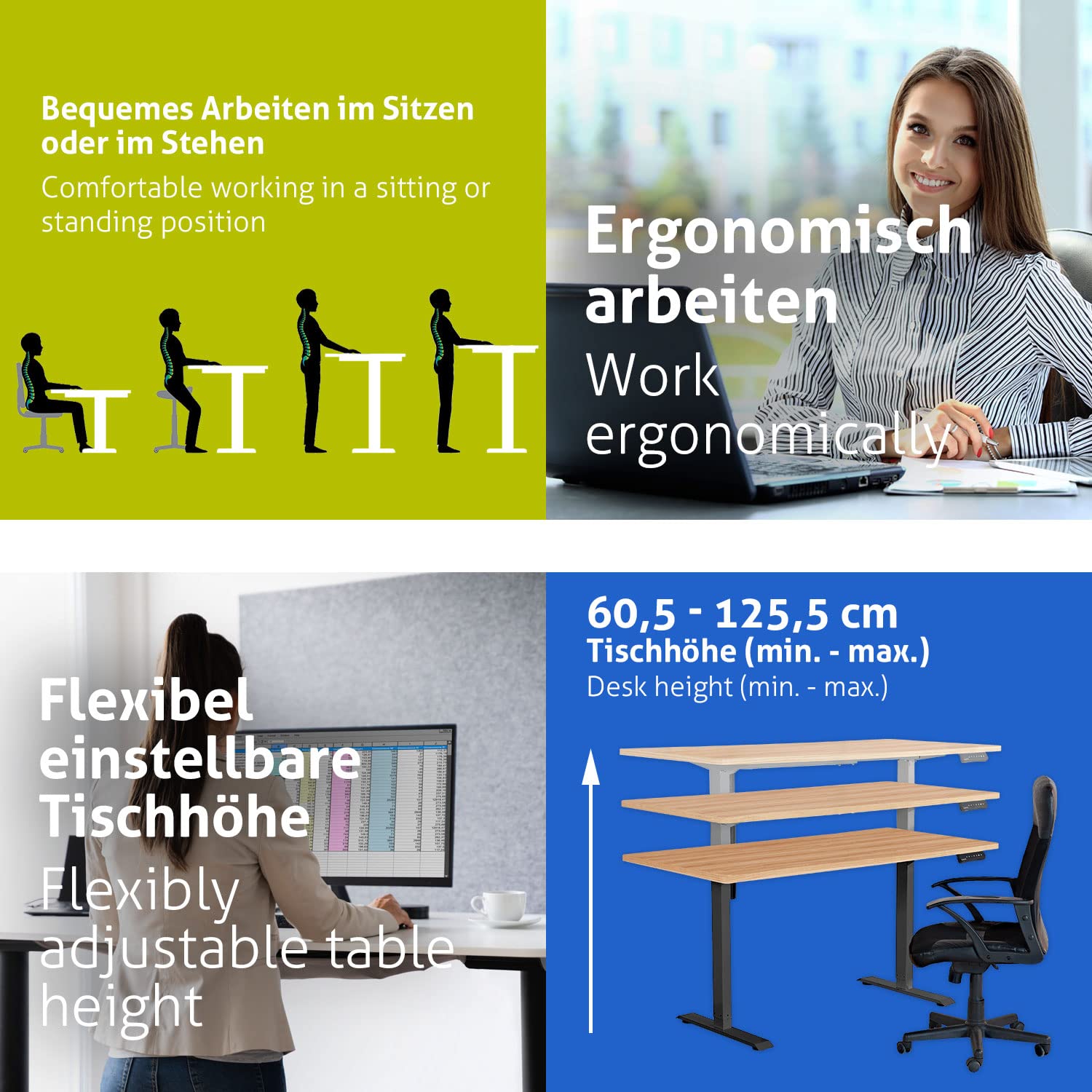 ESMART EZX-132BM 160 x 80 cm Arredamento in acero Ergonomischer Steh-Sitz-Schreibtisch Stufenlos elektrisch höhenverstellbar 60,5-125,5 cm Aktivitätserinnerung Schnelle Montage