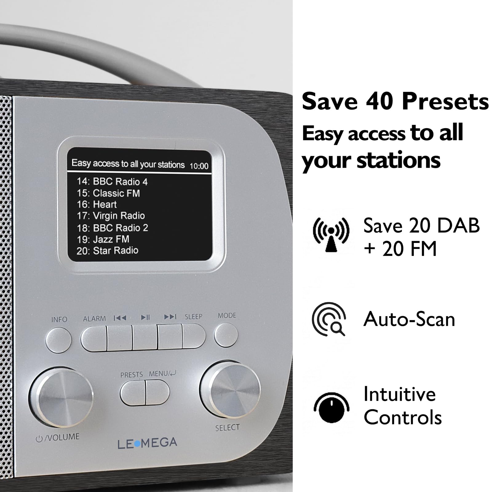 LEMEGA DR5 Radio Numérique DAB/DAB+ Bluetooth Réveil FM Secteur Piles Compacte Bois Métal Brossé