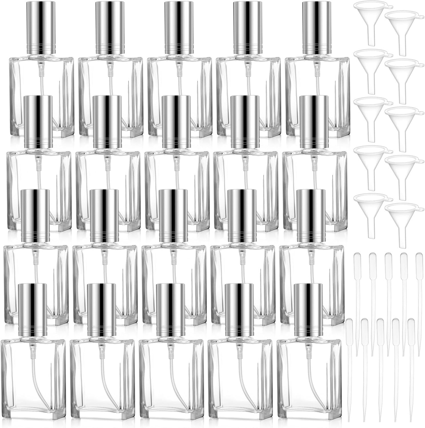 20 Pcs Clear Glass Fine Mist Atomizer Spray Bottle, 15ml Portable Square Empty Glass Perfume Atomizer Bottles, Clear Refillable Perfume Bottle with 10 5ML Droppers and 10 Funnels