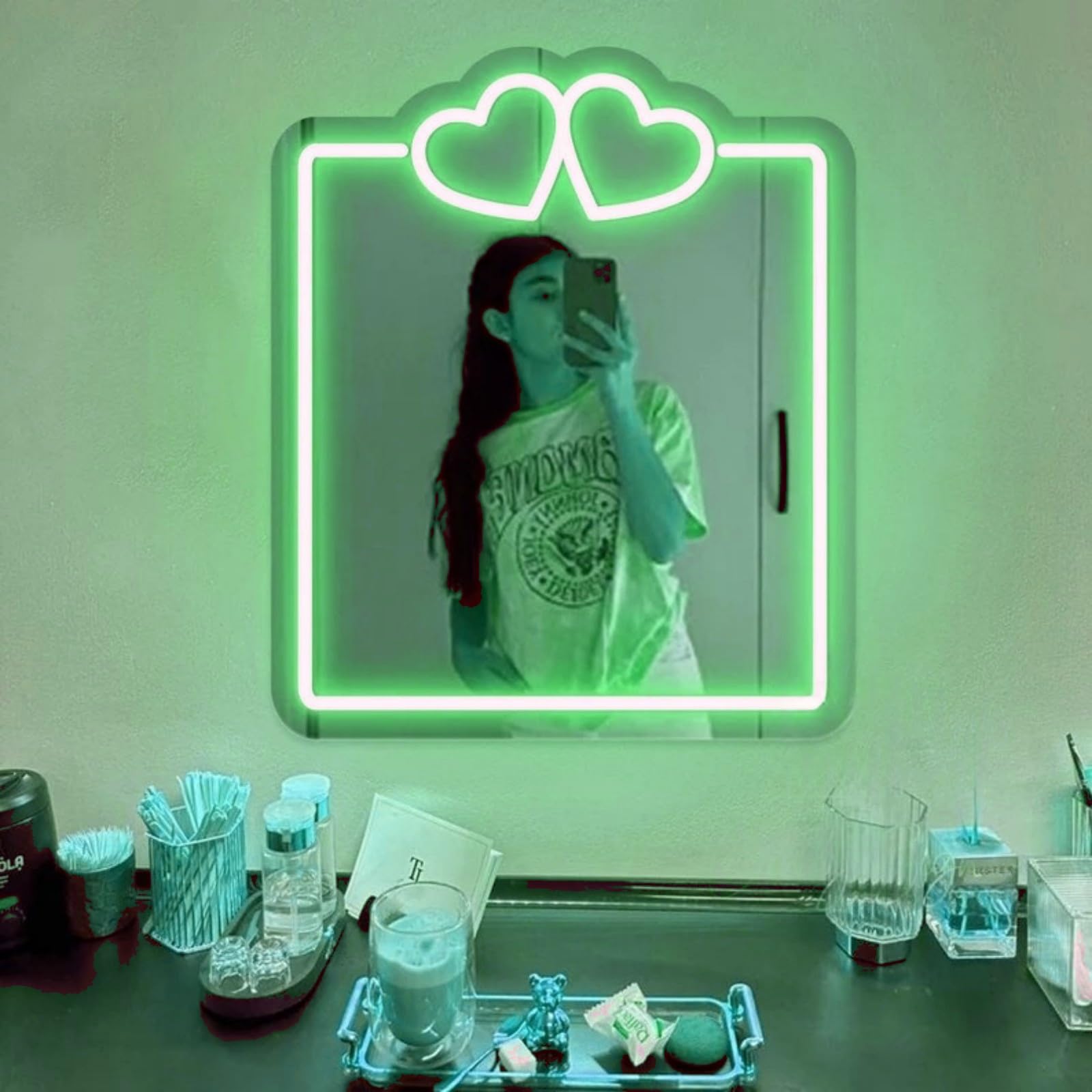 mllusxg Heart Mirror Neon Sign, Custom Y2K Mirror Neon Wall Art