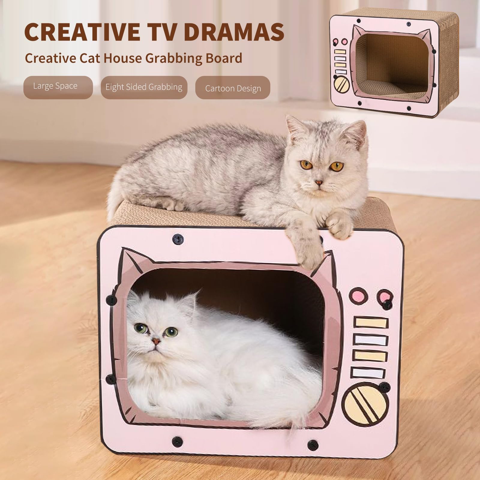 PETCUTE 3 in 1 Tiragraffi per Gatti Cartone,Graffiatoio in Cartone Ondulato Vintage,TV Radio a Forma di Graffiatoio per Gatti Cartone con Fondo Antiscivolo,per Proteggere Mobili,Rosa