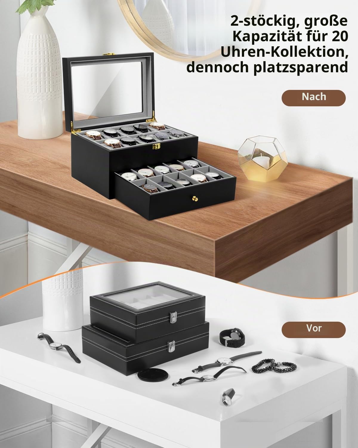 Uten Uhrenbox Holz mit 20 Fächern, Uhrenkasten Herren Damen schwarze Aufbewahrungsbox Holz