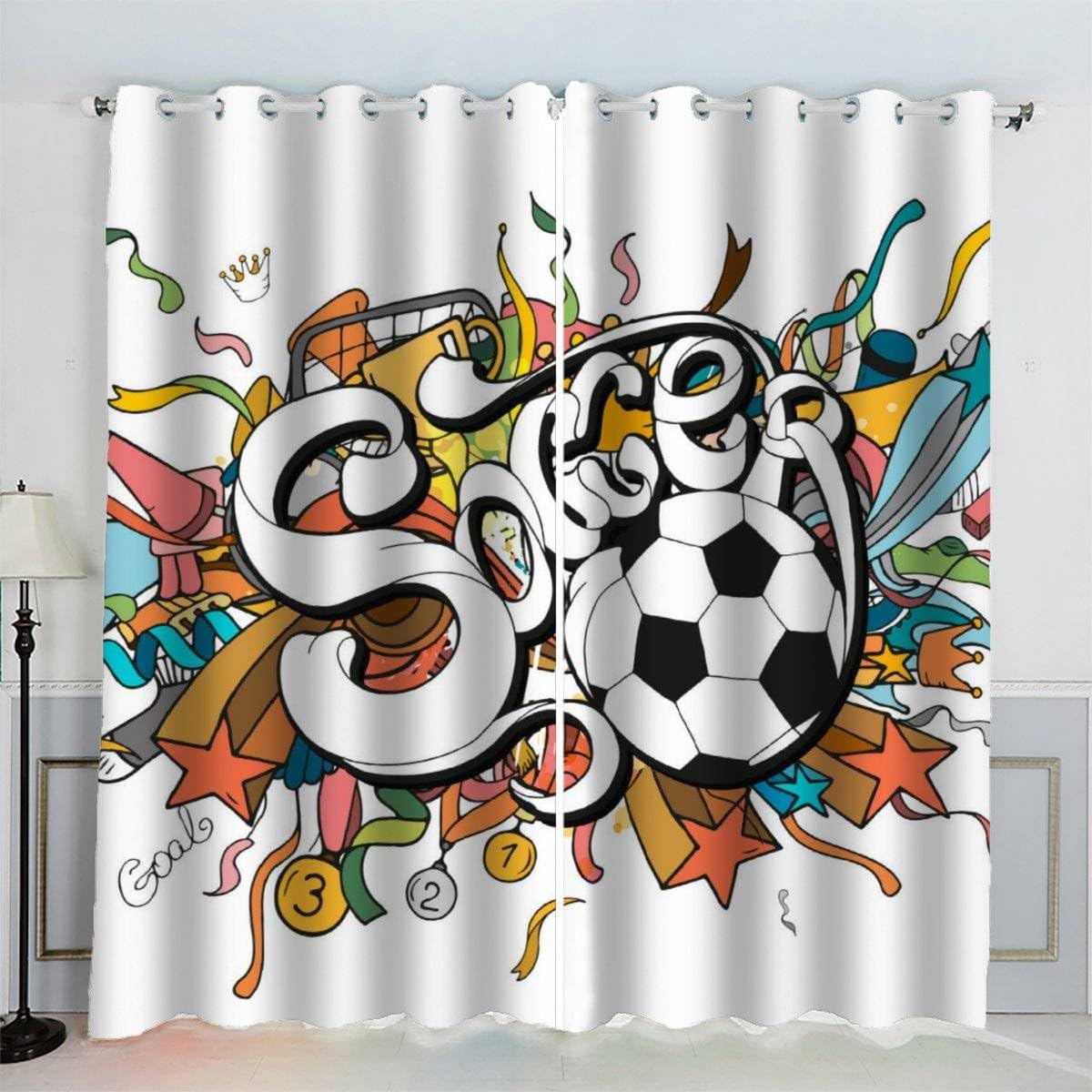 AKATIE Blackout Curtain Football Sports Theme Kid Insulated Drapes Colorful Football 3D Print Eyelet Window Curtains for Boys Girls Teens Children kids Bedroom Set of 2 Panels (W150xL166cm)