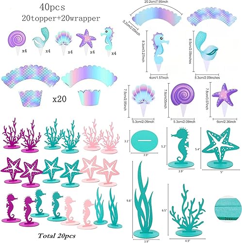 Miniatura 2 de 61 piezas de suministros de decoración de cumpleaños de sirena para tema oceánico, incluye 20 centros de mesa de fieltro, 40 envoltorios de cupcakes