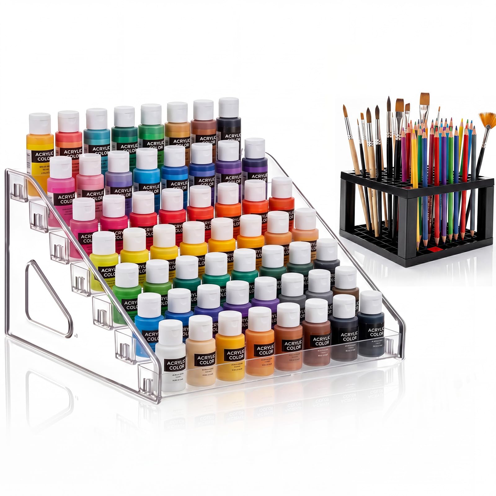 Dexpally 7-Layer Acrylic Clear Paint Organizer with Paint Brush Holder Acrylic Paint Organizer Clear Paints Storage Rack 7 Tier Acrylic Nail Polish Rack for Craft Hobby Miniature Model Light