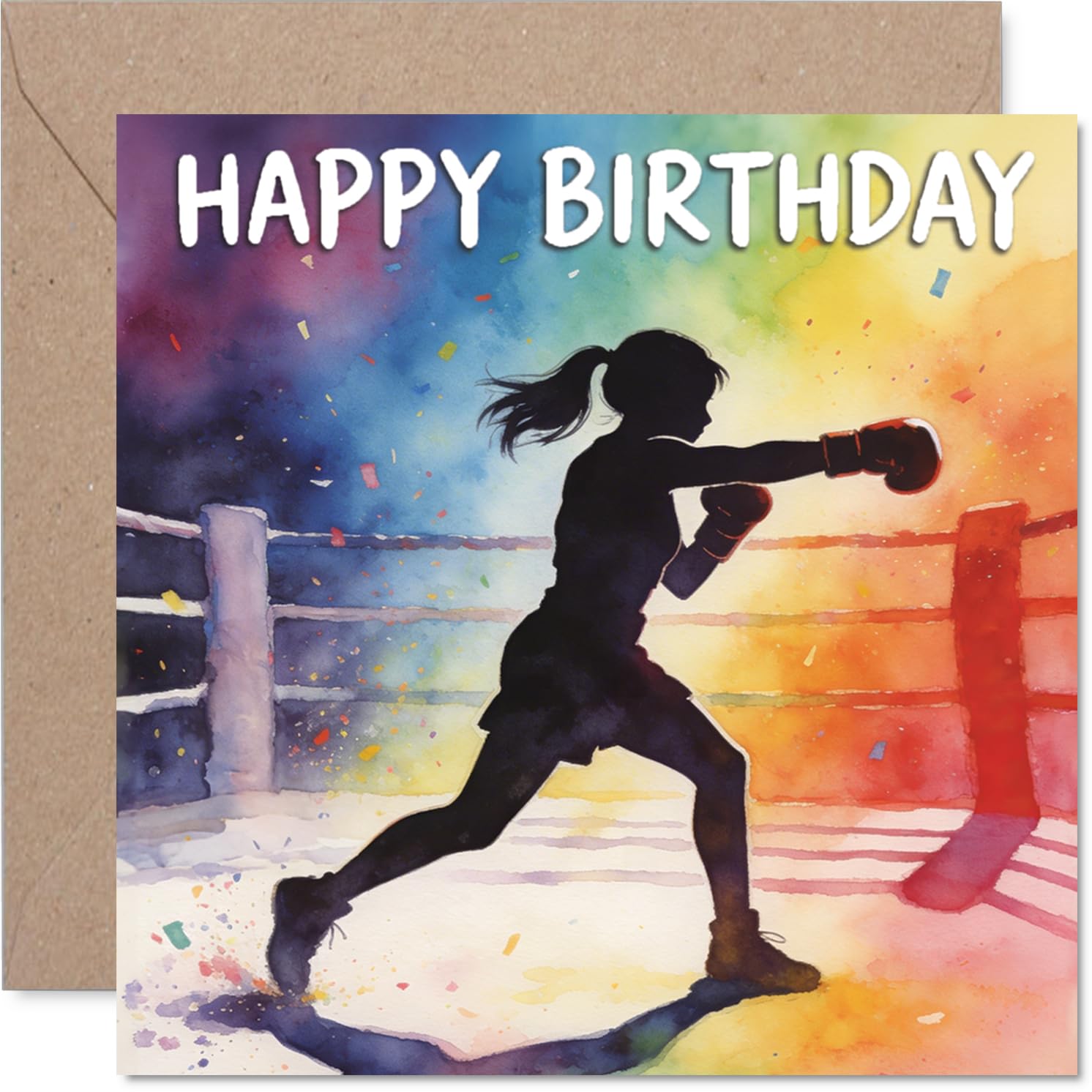 Playful Birthday Card - Punchy Birthday Vibes - Vibrant Multicolour Boxer Silhouette on a Bold Background - Celebration with Knockout Energy - 145mm Square, Envelope Included