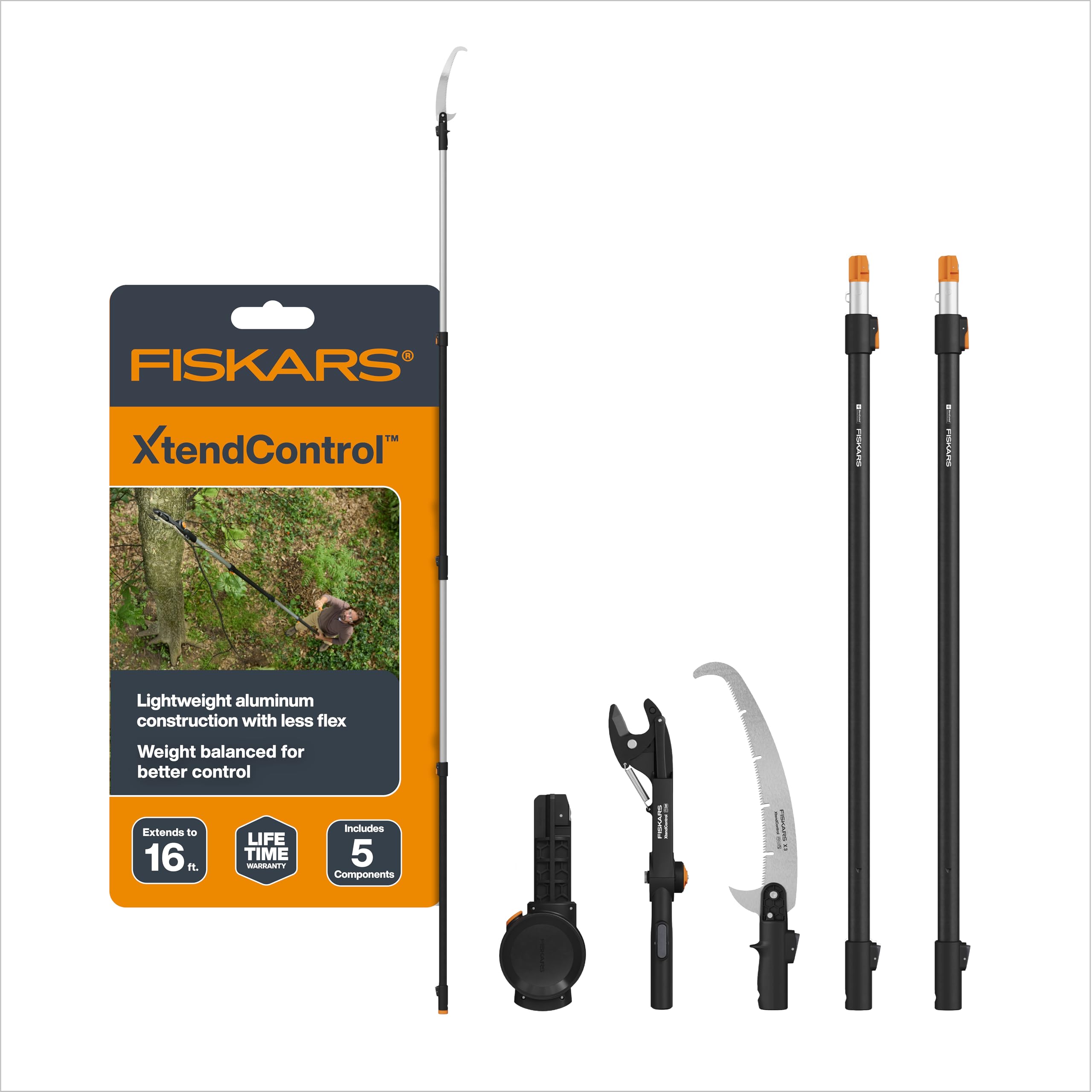 Fiskars XtendControl 16 foot tree pruner kit with orange pruning head and extension poles