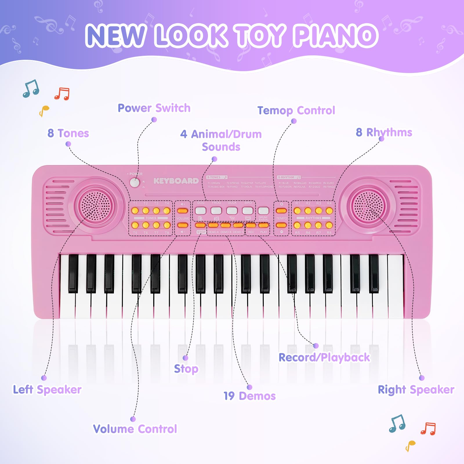 Pianola Elettronica Per Bambini 37 Tasti Con Microfono – Tastiera Multifunzione Rosa – Giocattolo Musicale Educativo 3-6 Anni - 3