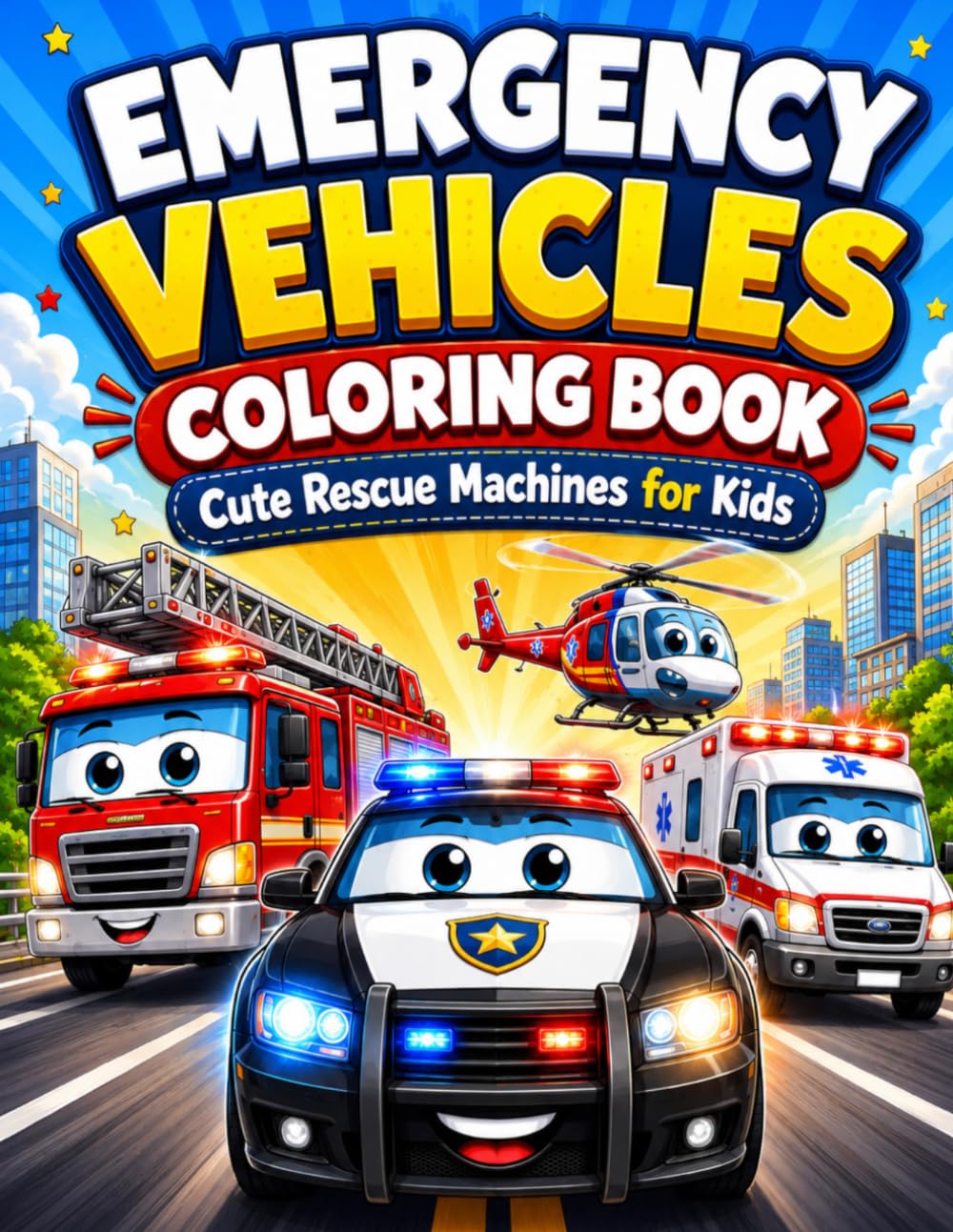 Emergency Vehicles Coloring Book for Kids: Fun and Easy Rescue Vehicle Coloring with Fire Trucks, Police Cars, Ambulances, Helicopters and More for Kids Ages 3-8