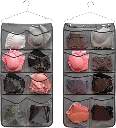 Organizador de armario colgante de doble cara, calcetines duraderos, calcetines, ropa, brasier, bolsa de almacenamiento con 16 bolsillos grandes