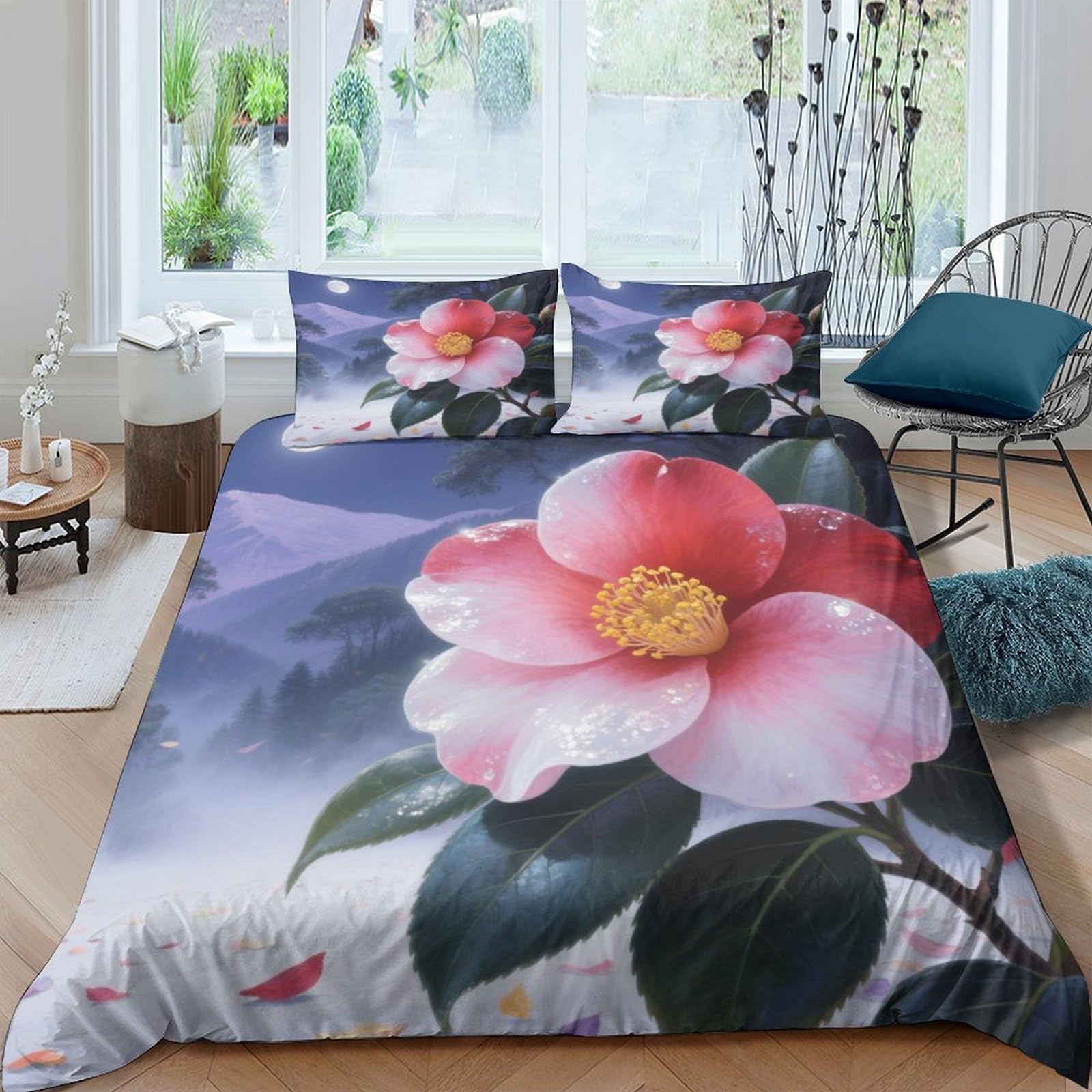 Housse de couette zippée anti-plis imprimée fleur 3D pour lit double 200x200
