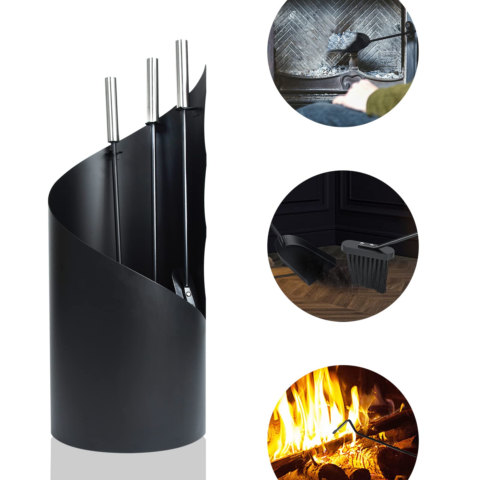 HENGMEI Set di 5 accessori per camino in acciaio inox, set di posate per camino, con supporto, scopa, pinza, gancio, pala per stufa a legna (nero, tipo B)