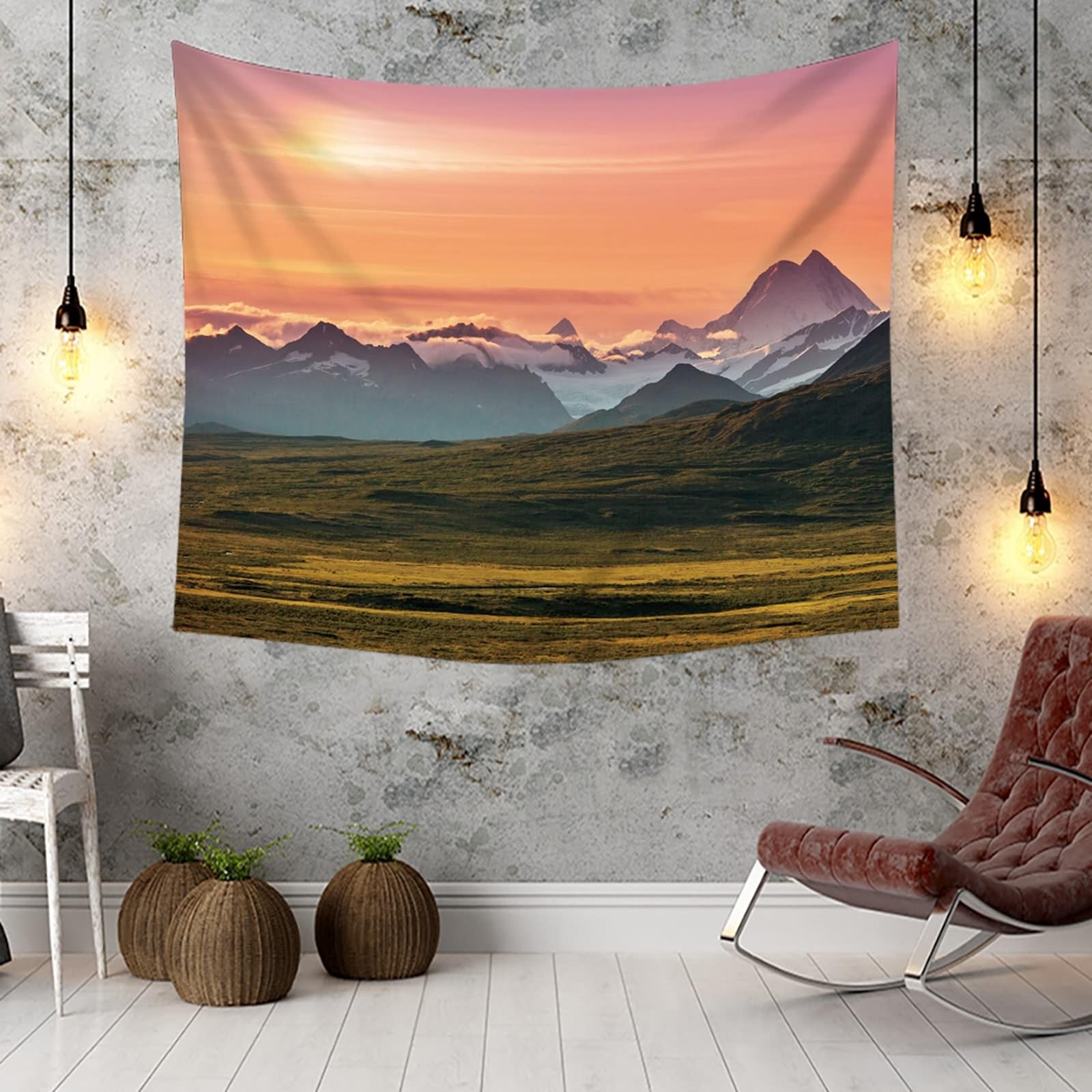 Gualiy Tapisserie Modern Neblig Berge, Wandbehang 260x240 Natur Landschaft Wandbehang für Schlafzimmer Wohnzimmer, Orange Grün