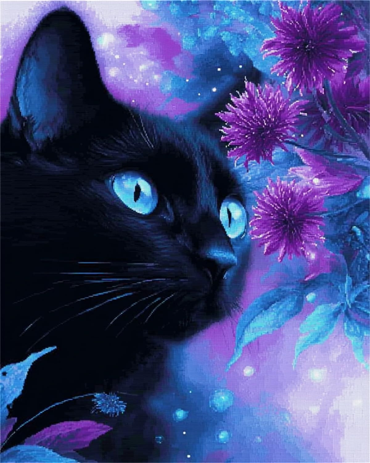 Rkflgew E Diy Mbroidery Beads Set Fantasy Black Cat And Flowers Beaded Cross Stitch Kits Stamped Mbroidery Set For Adults Wall Art 40X50cm