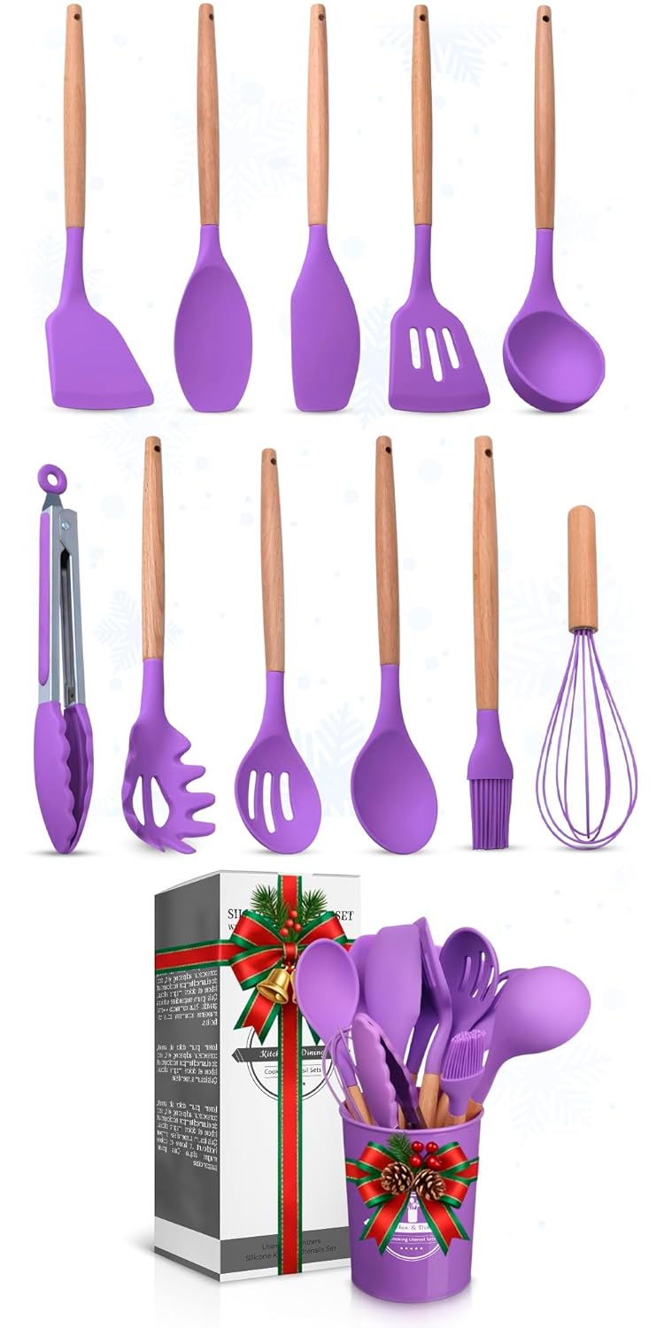 12 pc Purple Silicone Kitchen Utensils Set with Holder
