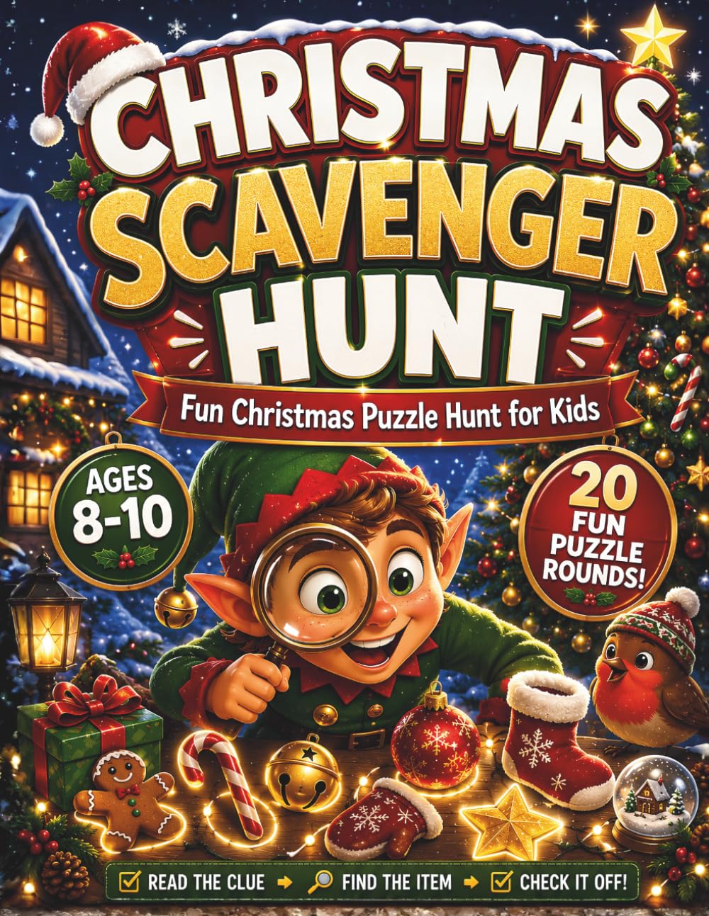 Christmas Scavenger Hunt for Kids Ages 8–10: 20 Fun Puzzle Rounds: A Screen-Free Christmas Activity Book with Holiday Clues, Search Challenges, and Festive Fun