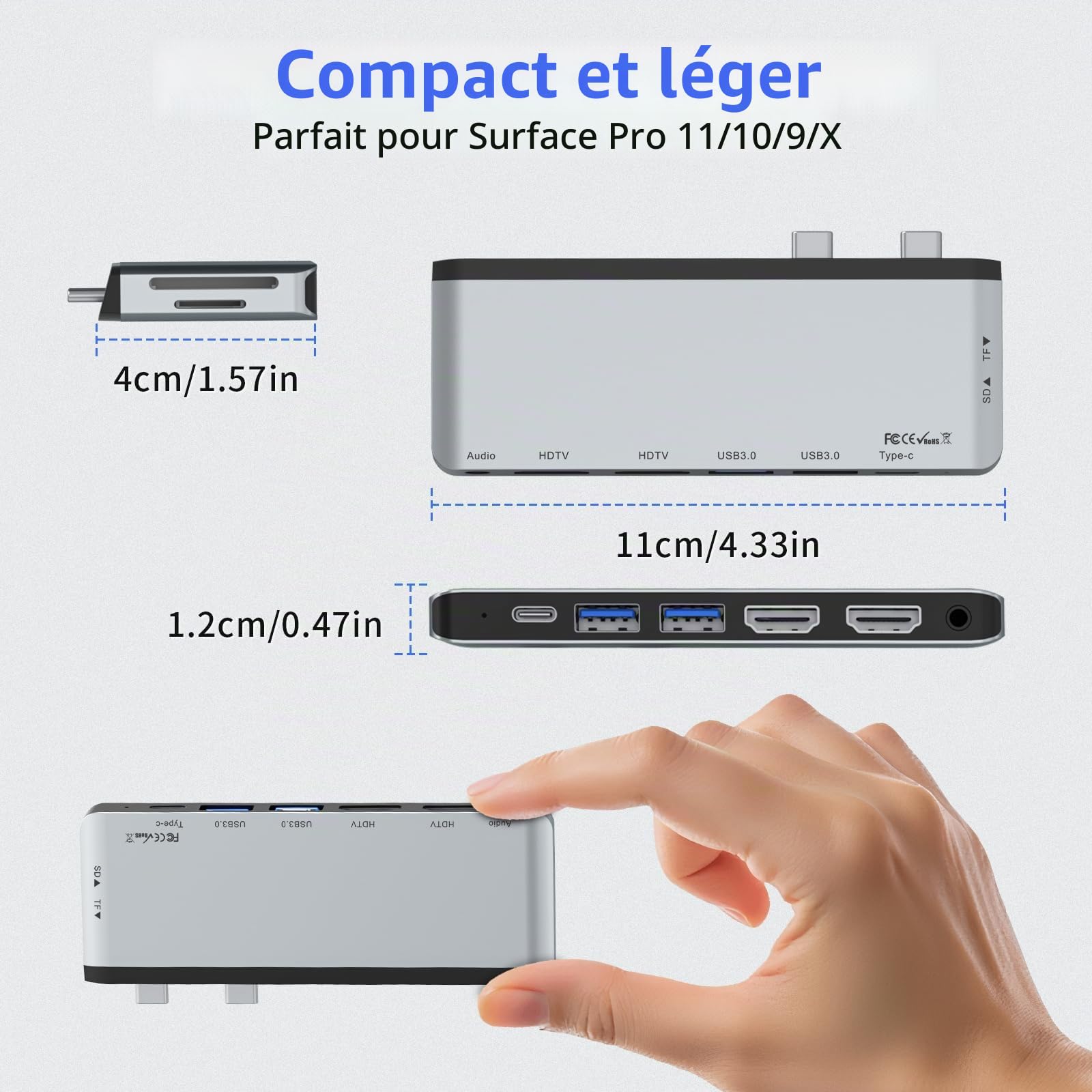 Surface Pro 11/10/9 Hub Station d'accueil avec double HDMI 4K @ 60 Hz, USB C Thunerbolt 4 (vidéo 8K + 40 Gbps + 100 W PD), USB 3.0 x 2, audio 3,5 mm, fente pour carte SD/TF – Adaptateur hub USB C pour
