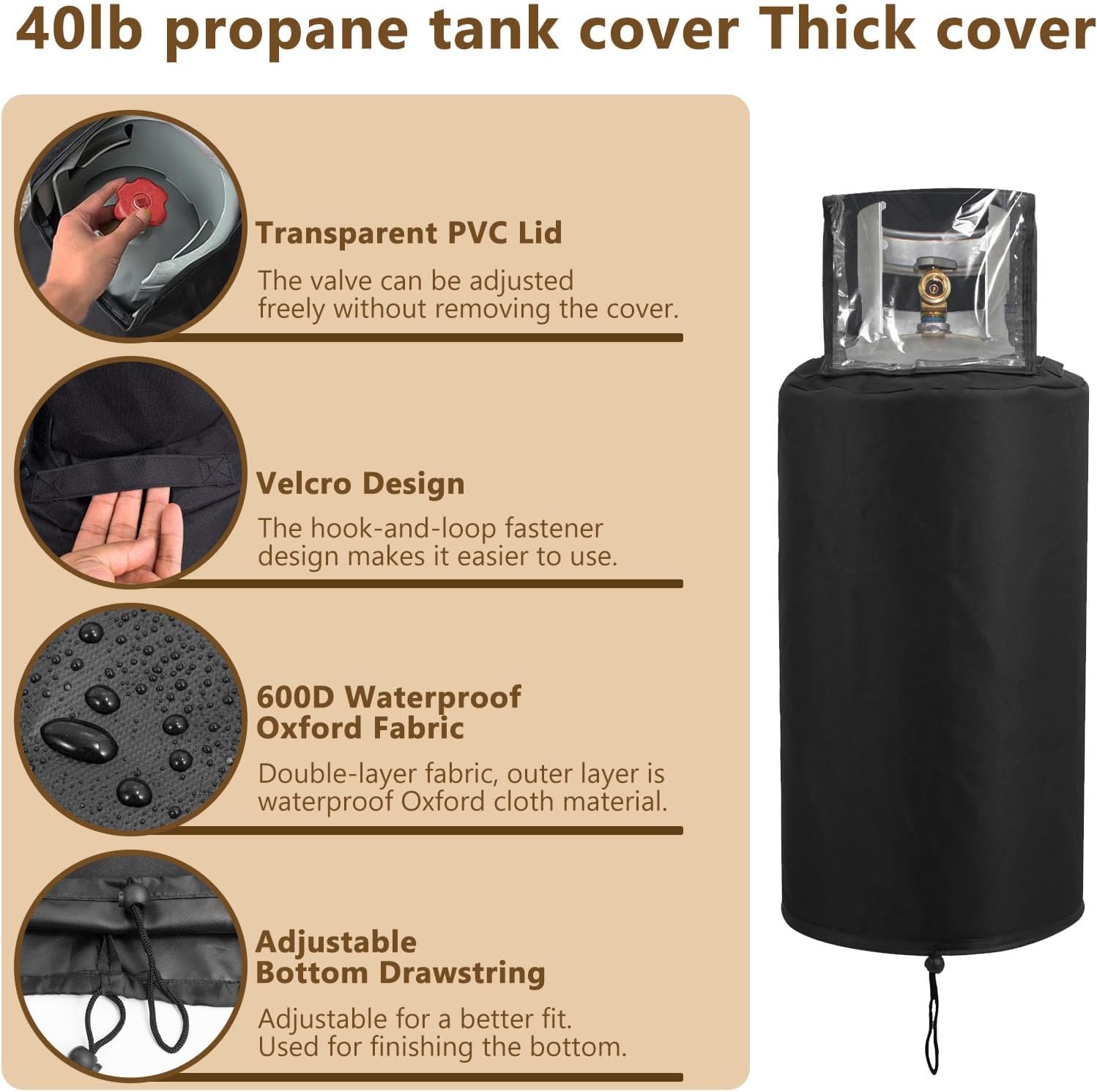 40 LB Propane Tank Cover,600D Dustproof and Greaseproof Portable Lid Storage Outdoor Oxford Cloth Protective Covers,Top Opening for Easy Valve Access,for 40lb RV Propane Tank(13.4" x 29.3",Black)