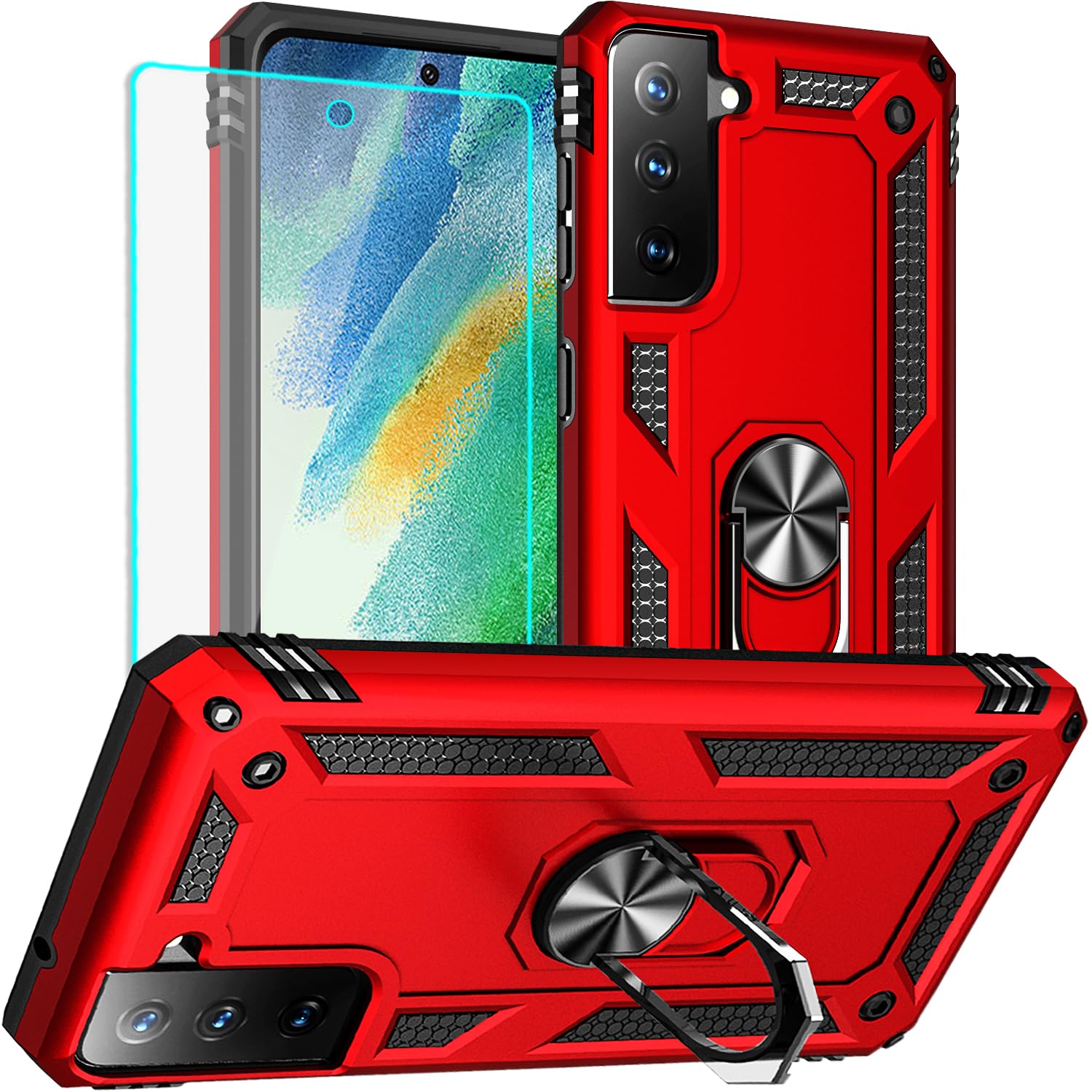 for Galaxy S21 FE 5G Case: Samsung Galaxy S21 FE 5G Case with HD Screen Protector, Military Grade Protective Cases with Ring for Samsung S21 FE (Red)