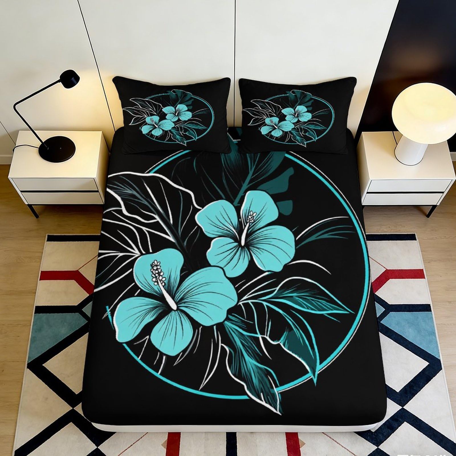 Pnayamiorkfel Style-2 3D Printed Blue Hibiscus Fitted Sheet Microfiber Non Slip Tropical Leaves Bed Cover Bedroom Decor Machine Washable 90X200x25cm