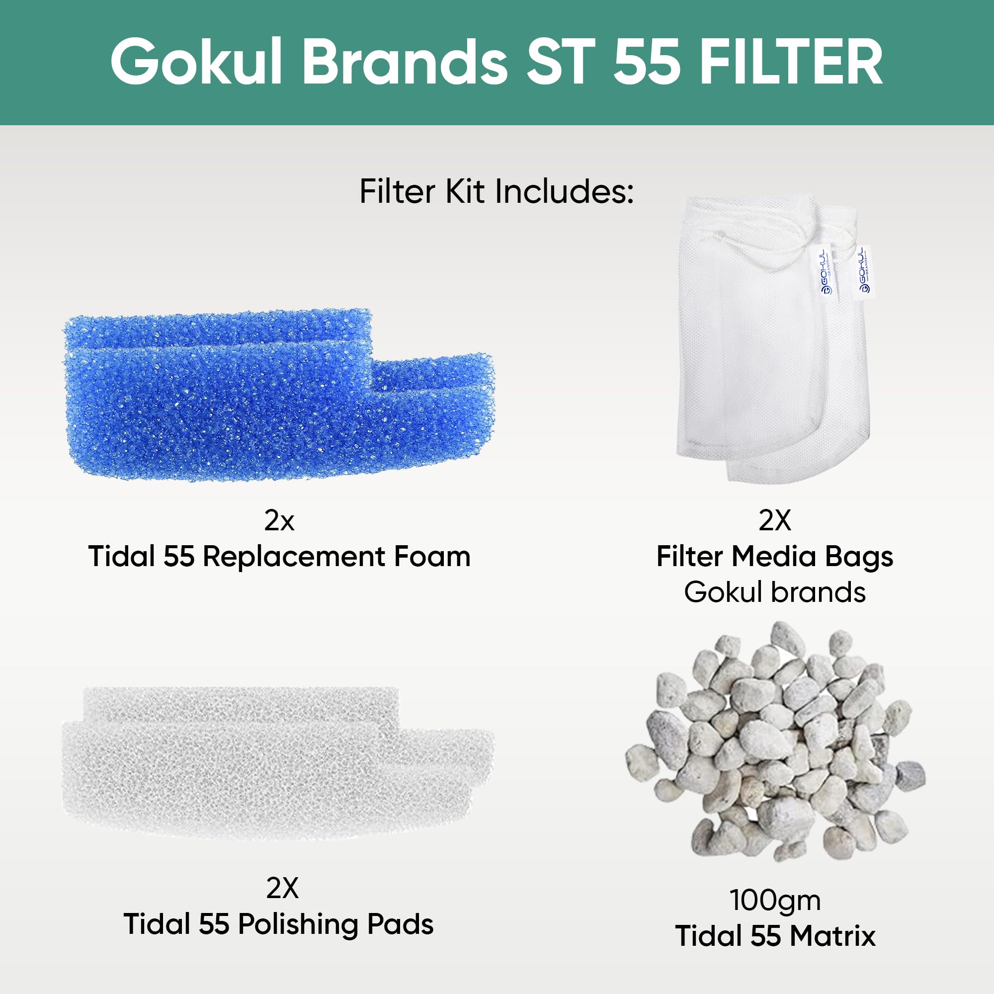 Tidal 55 - Kit de filtro de mantenimiento y reemplazo de medios de filtro, incluye bolsas de filtro de acuario de Gokul Brands (Tidal 55 almohadillas de pulido, 55 esponjas de filtro de