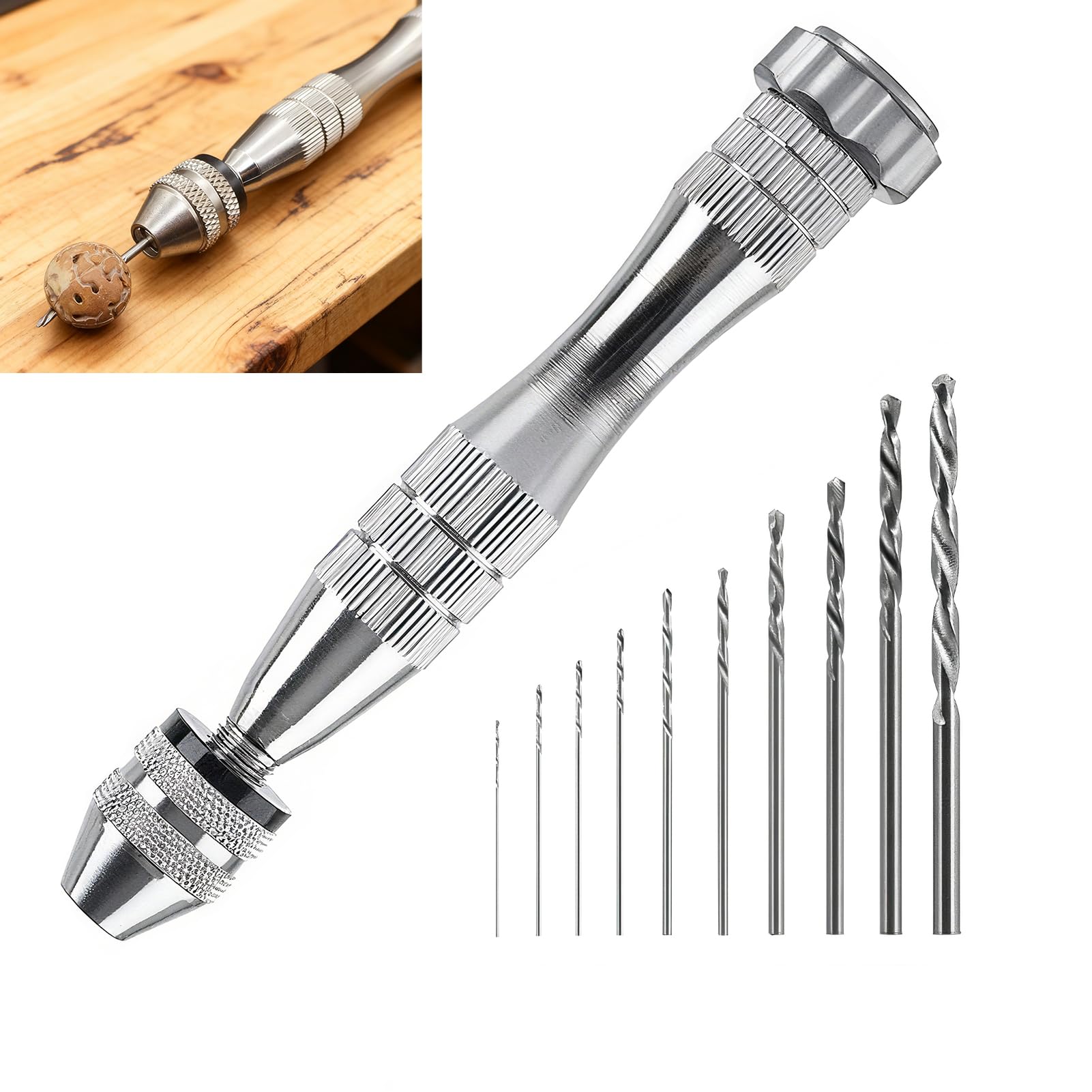 11 piezas Taladro de Mano Mini, Taladro Manual de Precisión con 10 Brocas Helicoidales 0,8-3,0 mm, Rotatorio Portátil para Bricolaje Modelismo Joyería Artesanal Madera Resina Cuentas Ámbar Acrílico