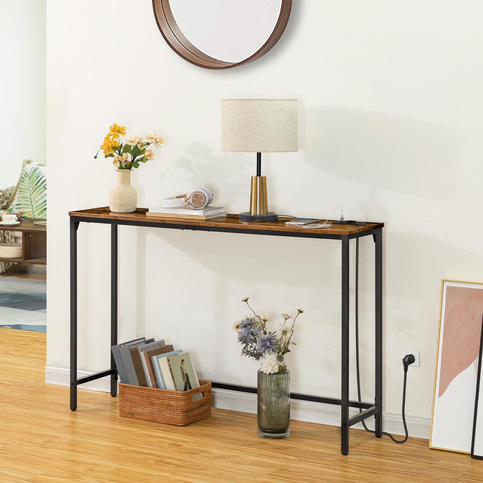 Consolle D'Ingresso HOOBRO Con Ricarica USB | Tavolo Stretto Da Divano | Marrone Vintage E Nero - Foto 2