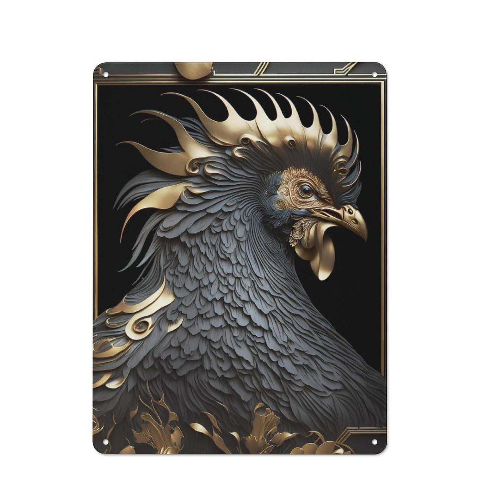 Junmoney Style-16 Rooster Golden Art Deco Vintage Metal Sign 40X30cm, Retro Classic Pub Decor For Cafe, Pub, Workshop Or Home Bar