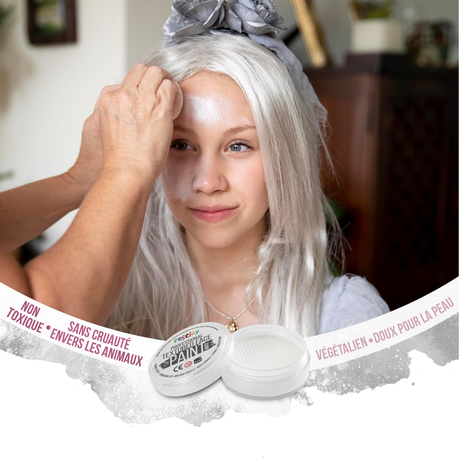 Festicy Peinture pour Visage et Corps, Blanche, 20g, éponge | Certifié EN 71-3 & Reach | Maquillage fille | Deguisement Enfant | Peinture visage, pour palette maquillage