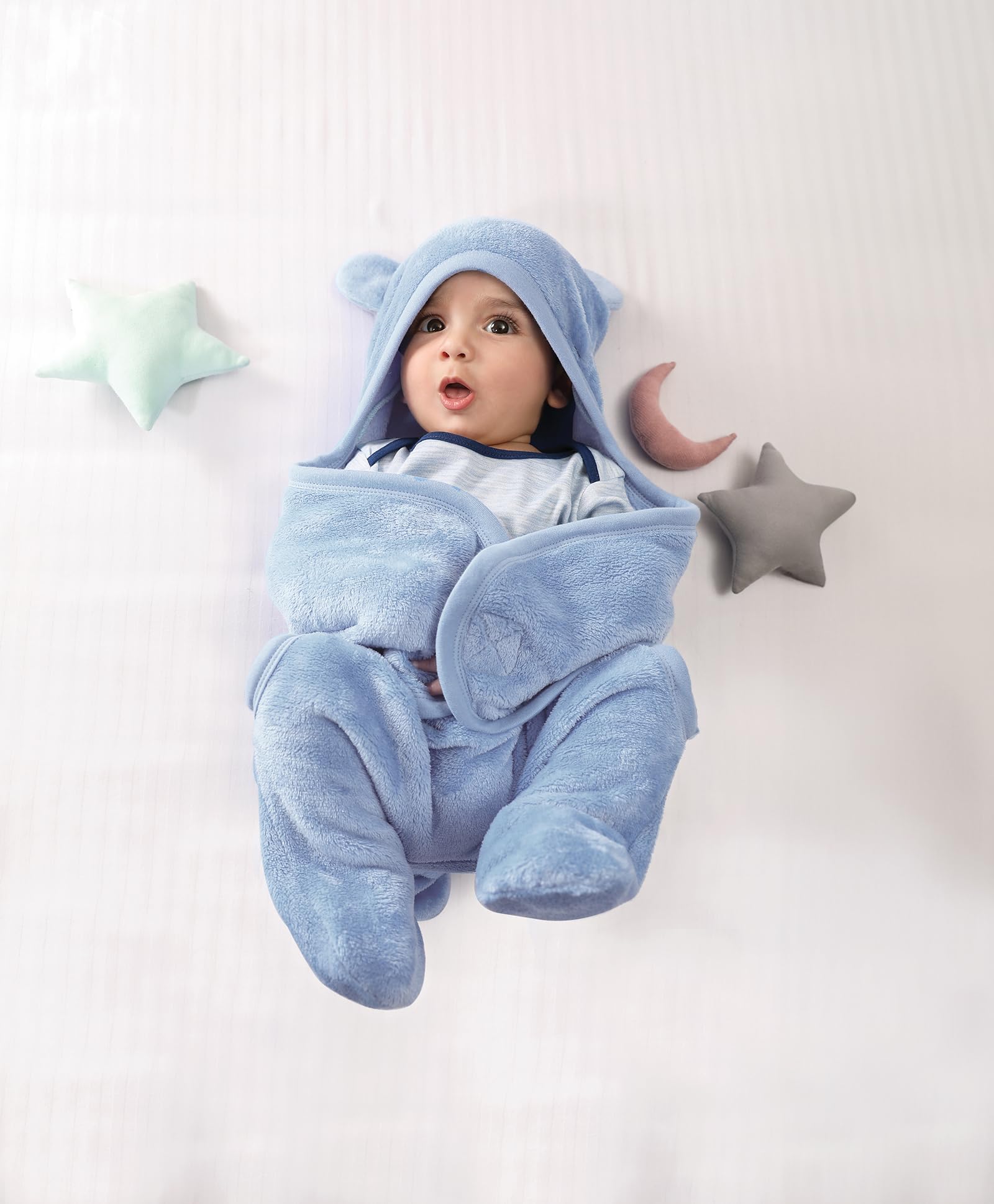 Ultra Soft Knitted Light Fur Plush Warm Blanket Wrapper for Baby Boys Girls 0-6 M- Light Blue 75x72 cm