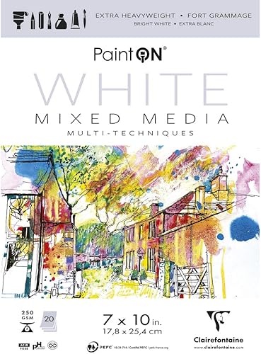Clairefontaine - Ref 975481C - Paint'ON - Bloc blanco pegado (20 hojas) - 17,8 x 25,4cm (7 x 10in), papel pesado de 8.82 ozm, sin ácidos (versión de