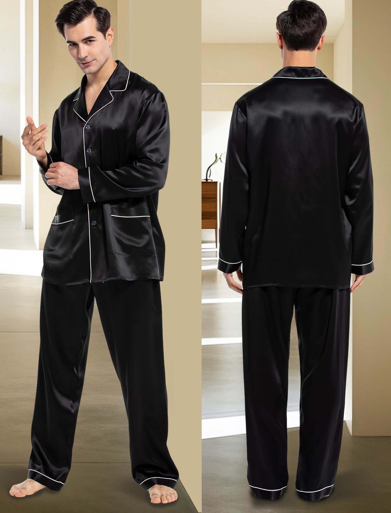 COLD POSH Herren Seide Schlafanzug Pyjama Homewear 19 Momme Nachtw?sche mit Langen ?rmel Loungewear